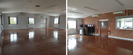 Inside shots of different ends of dry doddington village hall